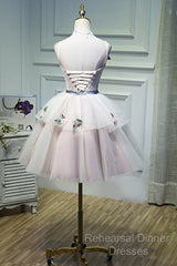 Cute Pink Tulle Short Flowers Lace Layers Formal Dresses, Pink Short Homecoming Dresses