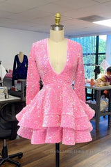 Cute Pink V Neck Long Sleeves Homecoming Dress