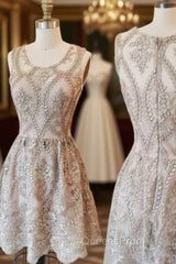 Cute Round Neck Lace Short Evening Prom Dress, Homecoming Dress, Bridesmaid Dress