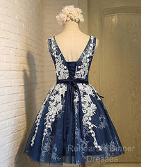 Cute Round Neck Lace Tulle Dark Blue Short Semi Formal Prom Dress, Bridesmaid Dress