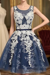 Cute Round Neck Lace Tulle Dark Blue Short Semi Formal Prom Dress, Bridesmaid Dress