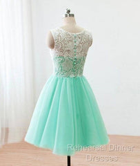 Cute Round Neck Lace Tulle Short Green Semi Formal Prom Dress, Bridesmaid Dress