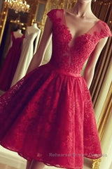 Cute Round Neck Red Lace Short Semi Formal Prom Dresses, Red Homecoming Dresses