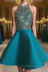 Cute Round Neck Sequin Backless Green Short Semi Formal Prom Dresses, Green Homecoming Dresses