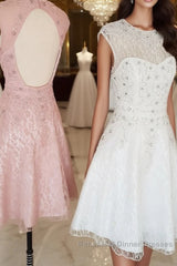 Cute round neck tulle lace short Semi Formal Prom Dresses lace bridesmaid Dresses