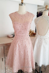 Cute round neck tulle lace short Semi Formal Prom Dresses lace bridesmaid Dresses