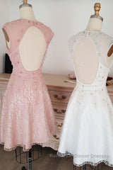 Cute round neck tulle lace short Semi Formal Prom Dresses lace bridesmaid Dresses