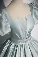 Cute Satin Floor Length Semi Formal Prom Dress, A-Line Short Sleeve Evening Party Dress