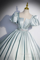 Cute Satin Floor Length Semi Formal Prom Dress, A-Line Short Sleeve Evening Party Dress