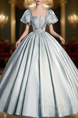 Cute Satin Floor Length Semi Formal Prom Dress, A-Line Short Sleeve Evening Party Dress