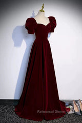 Cute Short Sleeves Burgundy Long Semi Formal Prom Dresses