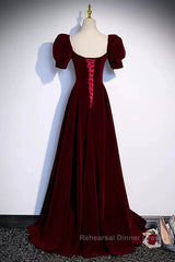 Cute Short Sleeves Burgundy Long Semi Formal Prom Dresses