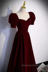 Cute Short Sleeves Burgundy Long Semi Formal Prom Dresses