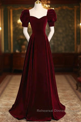 Cute Short Sleeves Burgundy Long Semi Formal Prom Dresses