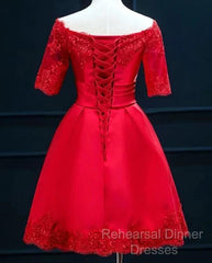 Cute Short Sleeves Satin Knee Length Party Dress, Short Homecoming Dress