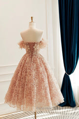 Cute Tulle Flower Short Semi Formal Prom Dress, Beautiful Off The Shoulder A-Line Evening Party Dress