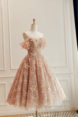 Cute Tulle Flower Short Semi Formal Prom Dress, Beautiful Off The Shoulder A-Line Evening Party Dress