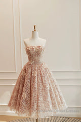 Cute Tulle Flower Short Semi Formal Prom Dress, Beautiful Off The Shoulder A-Line Evening Party Dress