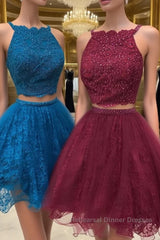 Cute two pieces lace tulle beads short Semi Formal Prom Dresses, lace homecoming Dresses