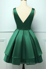 Cute V Neck and V Back Layered Green Short Semi Formal Prom Dresses, Short Green Homecoming Dresses, Green Formal Evening Dresses