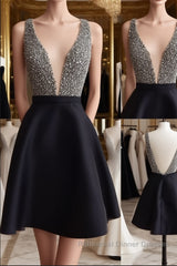 Cute V Neck And V Back Sequin Short Black Semi Formal Prom Dresses, Cute Short Black Homecoming Dresses