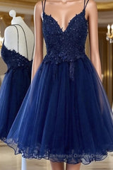 Cute V Neck Backless Blue Lace Short Semi Formal Prom Dresses, Blue Lace Homecoming Dresses, Blue Formal Evening Dresses