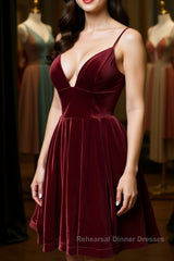 Cute V Neck Backless Burgundy Velvet Short Semi Formal Prom Dresses Homecoming Dresses, Backless Maroon Formal Graduation Evening Dresses