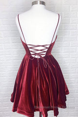 Cute V Neck Backless Burgundy Velvet Short Semi Formal Prom Dresses Homecoming Dresses, Backless Maroon Formal Graduation Evening Dresses