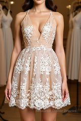 Cute V Neck Backless Pink Lace Appliques Short Semi Formal Prom Dresses, Pink Lace Formal Graduation Homecoming Dresses