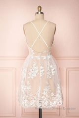 Cute V Neck Backless Pink Lace Appliques Short Semi Formal Prom Dresses, Pink Lace Formal Graduation Homecoming Dresses