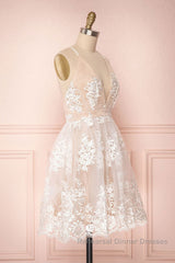 Cute V Neck Backless Pink Lace Appliques Short Semi Formal Prom Dresses, Pink Lace Formal Graduation Homecoming Dresses