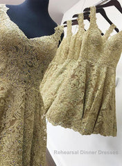 Cute V Neck Golden Lace Short Semi Formal Prom Dresses, Golden Lace Homecoming Dresses, Golden Formal Evening Dresses