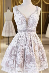 Cute V Neck Lace Short Semi Formal Prom Dress Lace Homecoming Dress