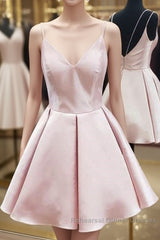 Cute V Neck Open Back Pink Short Semi Formal Prom Dresses, Backless Pink Homecoming Dresses, Short Pink Formal Evening Dresses