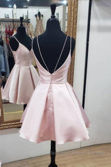 Cute V Neck Open Back Pink Short Semi Formal Prom Dresses, Backless Pink Homecoming Dresses, Short Pink Formal Evening Dresses