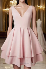 Cute v neck pink short Semi Formal Prom Dresses. pink homecoming Dresses