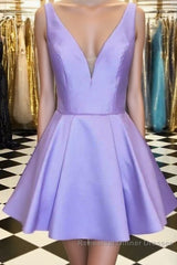 Cute V Neck Satin Short Semi Formal Prom Dresses, V Neck Homecoming Dresses, Formal Evening Dresses