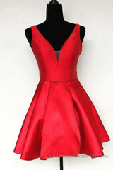 Cute V Neck Satin Short Semi Formal Prom Dresses, V Neck Homecoming Dresses, Formal Evening Dresses
