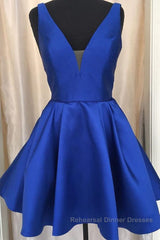 Cute V Neck Satin Short Semi Formal Prom Dresses, V Neck Homecoming Dresses, Formal Evening Dresses
