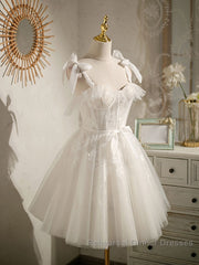 Cute white tulle lace short Semi Formal Prom Dresses, white homecoming Dresses