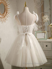 Cute white tulle lace short Semi Formal Prom Dresses, white homecoming Dresses