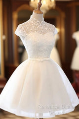 Cute White Tulle Short Lace Cap Sleeves Party Dress, White Homecoming Dress