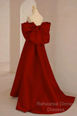 Cute Wine Red Satin Off Shoulder Long Party Dress With Bow, Wine Red Semi Formal Prom Dress