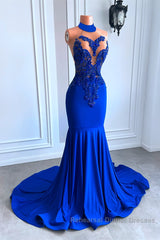 Royal Blue High Neck Sleeveless Mermaid Semi Formal Prom Dresses with Beadings