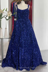 Red Sequin Square Neck Backless A-Line Long Semi Formal Prom Gown