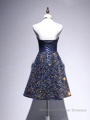 Dark Blue A-Line Sequin Lace Short Semi Formal Prom Dresses, Cute Blue Homecoming Dresses