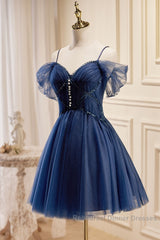 Dark Blue A-Line Short Semi Formal Prom Dresses, Dark Blue Homecoming Dress