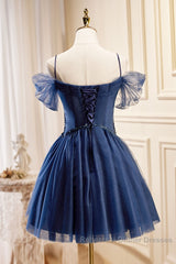 Dark Blue A-Line Short Semi Formal Prom Dresses, Dark Blue Homecoming Dress