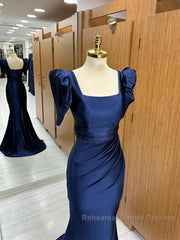 Dark Blue Blue Long Mermaid Semi Formal Prom Dress With Slit, Dark Blue Party Dress