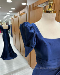 Dark Blue Blue Long Mermaid Semi Formal Prom Dress With Slit, Dark Blue Party Dress